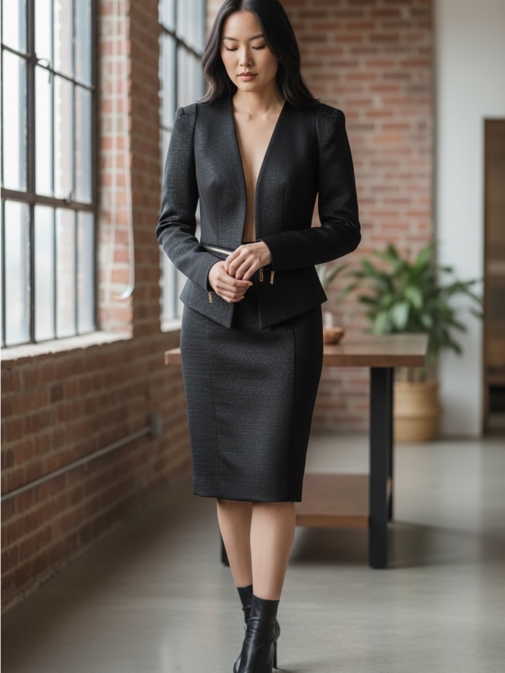 Marciano Black Textured tailored blazer and midi skirt with gold zipper accents